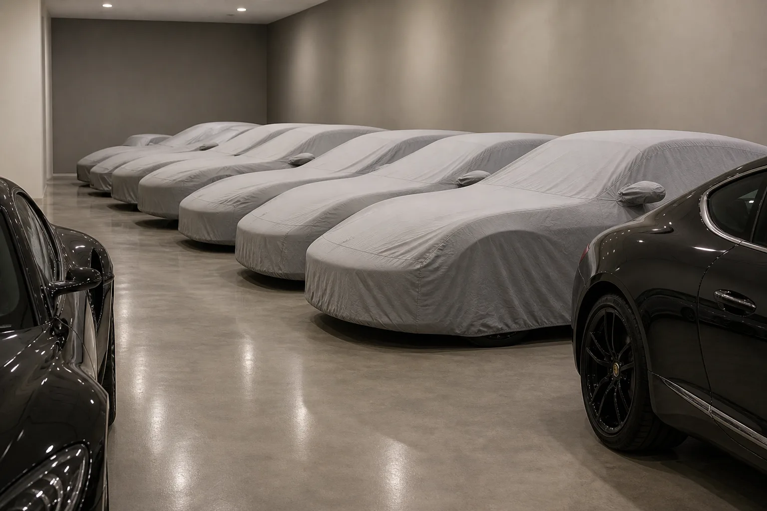 Cars under fitted covers in a private collection store