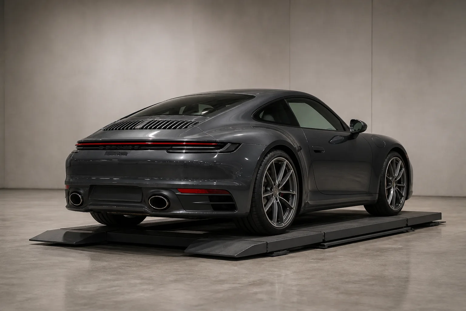 A car on a low inspection platform in an empty bay